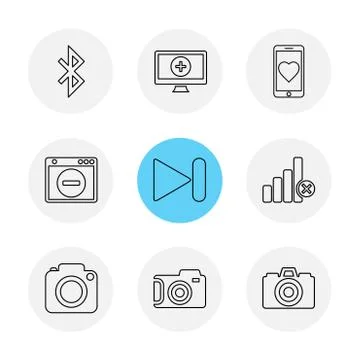 Multimedia , user interface , camera , technology , eps icons set vector Illustrazione stock