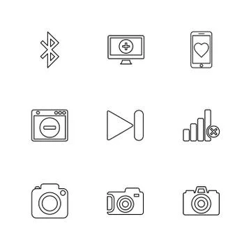 Multimedia , user interface , camera , technology , eps icons set vector Stock Illustration