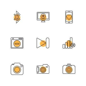 Multimedia , user interface , camera , technology , eps icons set vector Stock Illustration