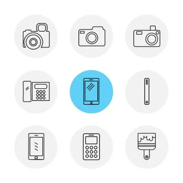 Multimedia , user interface , camera , technology , eps icons set vector Stock Illustration