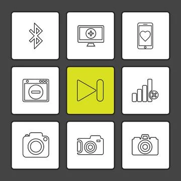 Multimedia , user interface , camera , technology , eps icons set vector Stock Illustration