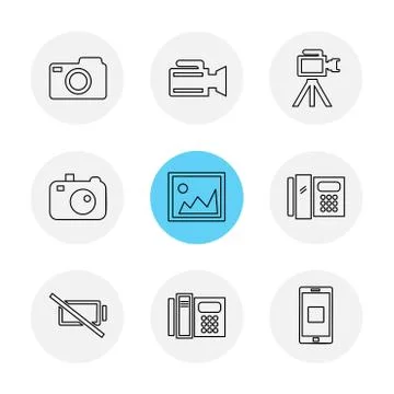 Multimedia , user interface , camera , technology , eps icons set vector Stock Illustration