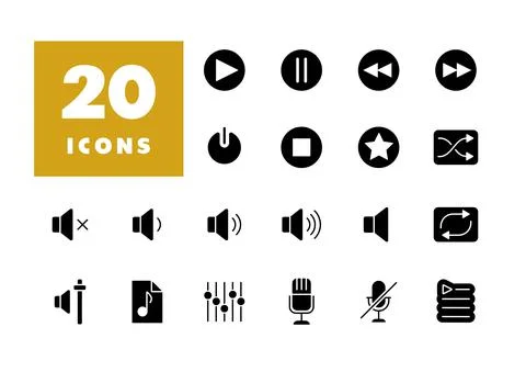 Multimedia user interface vector glyph icons set Stock Illustration