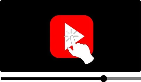 Multimedia video player shape with a hand pressing play button Illustrazione stock