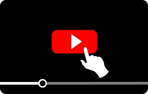 Multimedia video player shape with a hand cursor pressing a play button 스톡 일러스트
