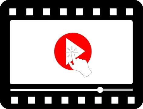 Multimedia video player shape with a hand pressing play button. Filming, br.. Stock Illustration