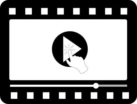 Multimedia video player shape with a hand pressing play button. Filming, br.. Illustrazione stock