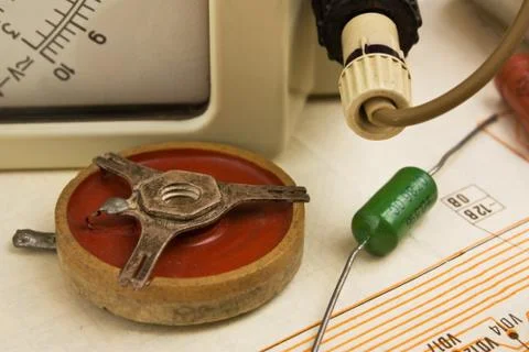 Multimeter and electronic component Stock Photos