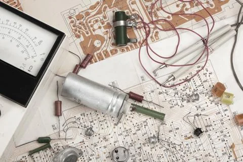 Multimeter and electronic component Stock Photos