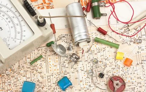 Multimeter and electronic component Stock Photos