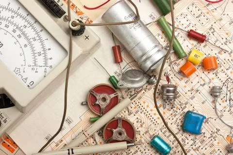Multimeter and electronic component Stock Photos