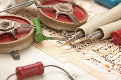 Multimeter and electronic component Stock Photos