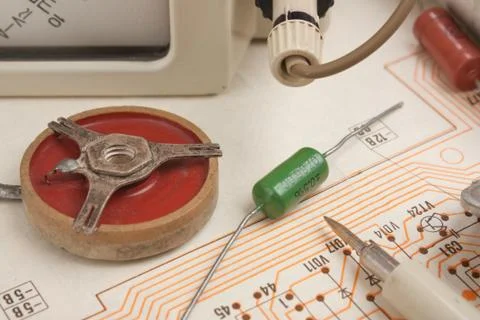 Multimeter and electronic component Stock Photos