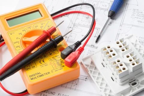 Multimeter and switch on plans Stock Photos