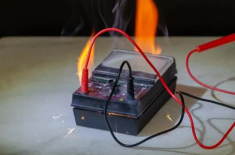 Multimeter fire with wires flame sparks and smoke during emergency situation 스톡 사진