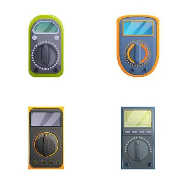 Multimeter icons set cartoon vector. Voltage, amperage, ohmmeter Stock Illustration