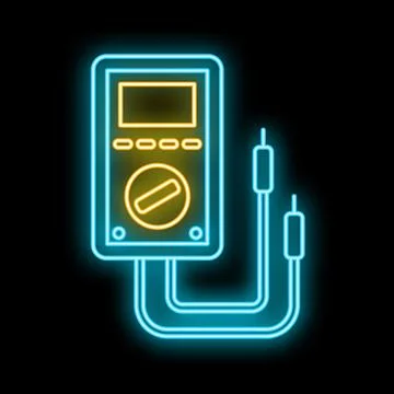 Multimeter with probes glowing in neon light on a dark background Stock Illustration