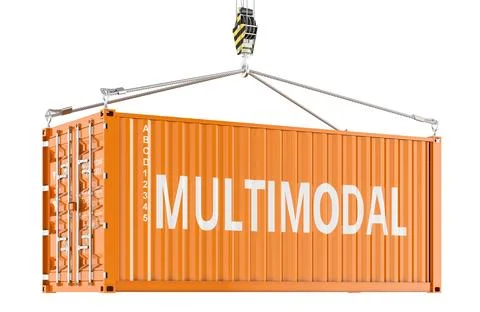 Multimodal, shipping container lifted by crane, 3d rendering Stock Illustration