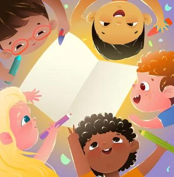 Multinational Children Study and Draw with Pencils Stock Illustration