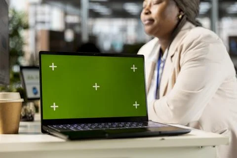 Multinational company analyst plans a strategy next to isolated display Stock Photos