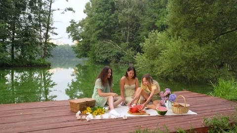 Multinational friends having fun on picnic  Beautiful Girls eating watermelon Stock Footage 158886058