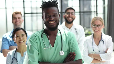 Multinational group of doctors and interns standing together. Stock Footage 223375802
