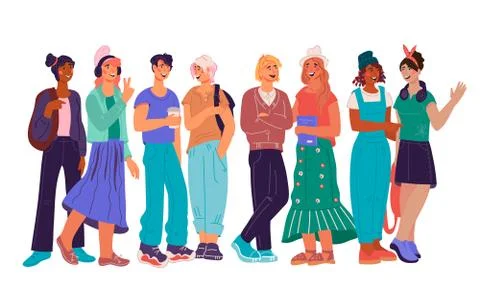 Multinational group of young students flat vector illustration isolated. Stock Illustration