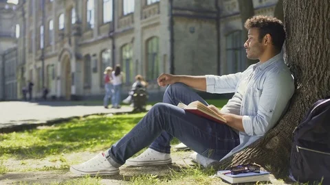Multinational guy sitting under tree, reading book looking around, leisure time Stock Footage 77198947