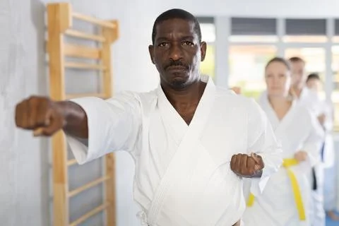Multinational students repeat position and perform sequence of punches and Stock Photos