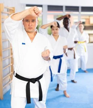Multinational students repeat position and perform sequence of punches and Stock Photos
