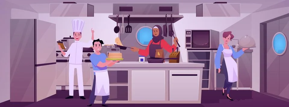 Multinational team of chefs cooking on professional restaurant kitchen vector Stock Illustration