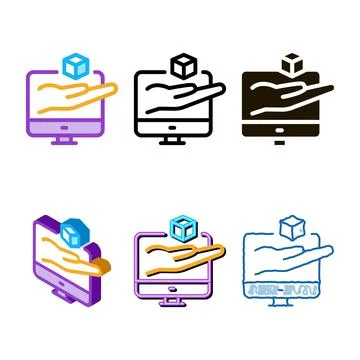 Multipack hand hold cube computer screen icon vector outline Stock Illustration