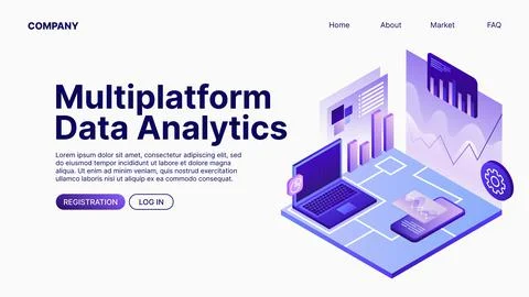 Multiplatform Data Analytics. Data Analyse. Landing Page Template Stock Illustration