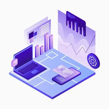 Multiplatform Data Analytics Illustration. Data Analyse. System Architecture Illustrazione stock