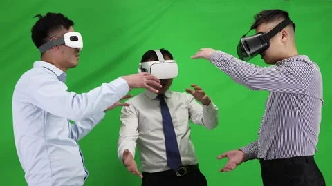 Multiplayer experience vr virtual reality technology green screen matting ma Stock Footage 165790475