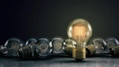 Multiple 3D Illustrated Incandescent Light Bulbs on a Reflective Surface Stock Illustration