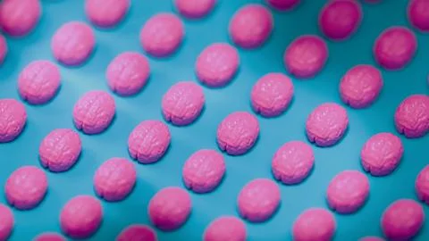 Multiple 3d pink brain models on blue background close up with soft lighting. Stock Photos