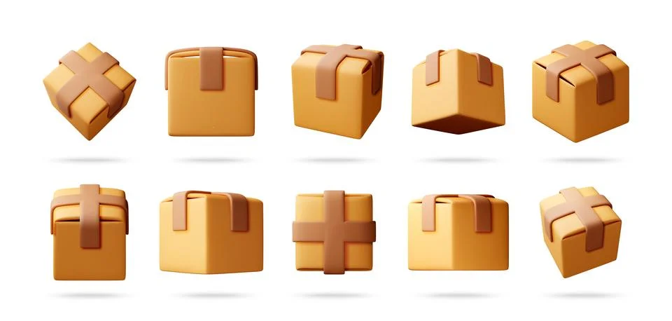 Multiple 3D rendered cartoonish delivery boxes Stock Illustration