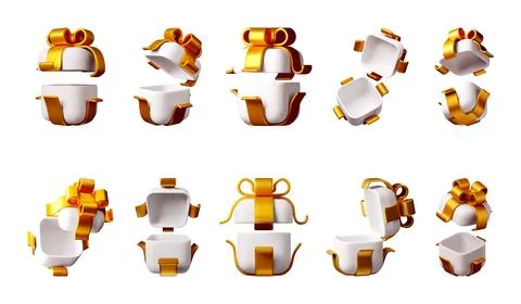 Multiple 3d white gift boxes with gold ribbons Stock Illustration