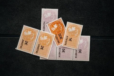 Multiple 5, 1, 2, 30 euro fiscal revenue stamp timbre fiscale used for French Stock Photos