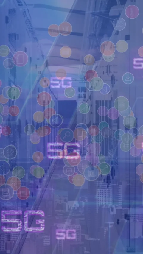 Multiple 5g texts and network of digital icons against empty computer server Video stock 322879903