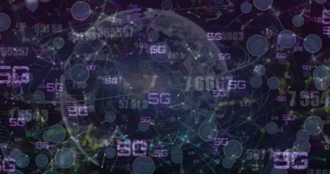 Multiple 5g texts, network of connections and changing numbers over globe Stock Footage 330105047