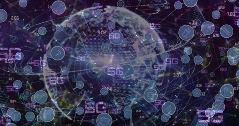 Multiple 5g texts, network of connections against light trails over globe on Stock Footage 330113577