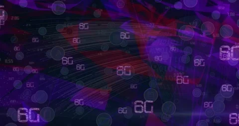 Multiple 6g texts and network of digital icons against purple plexus networks on Stock Footage 326874574