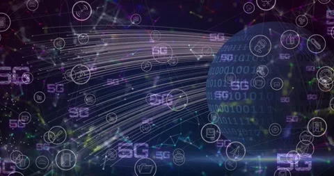 Multiple 6g texts and network of connections against globe and light trails on Stock Footage 328600940