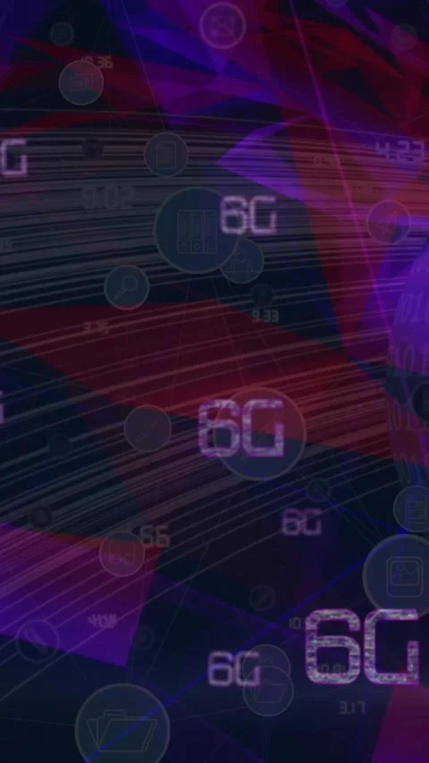 Multiple 6g texts and network of digital icons against purple plexus networks on Stock Footage 344774442