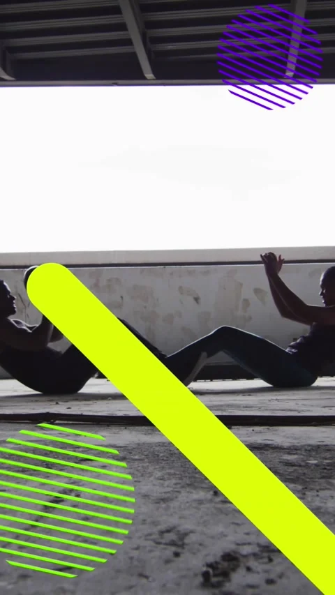 Multiple abstract shapes against african american man and woman working out with Stock Footage 323682502