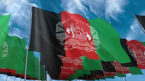 Multiple Afghanistan flags seamless looping waving on blue sky Stock Footage 343675904