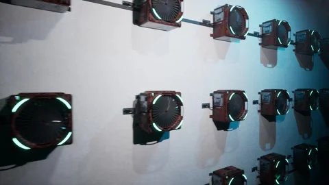 Multiple air conditioners in rows and columns. Grid of cyberpunk objects Stock Footage 290466183