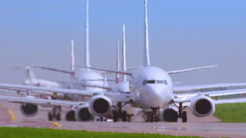 Multiple Airliners in queue on the runway. Standing in line to take off. Video stock 93622757